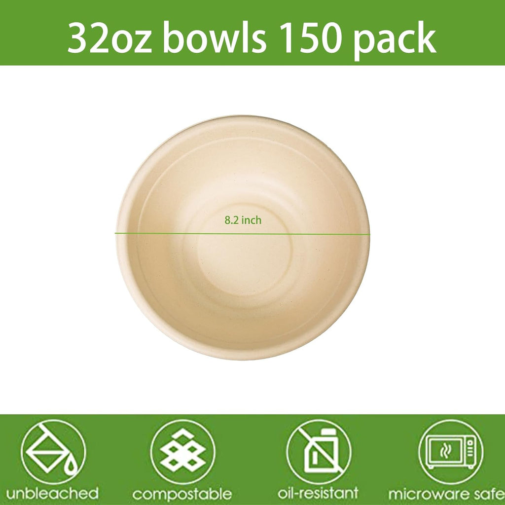 32oz Disposable Salad Bowls 150Pack  Big Paper Bowls  Large  Heavy-Duty  Eco-Friendly  Bulk Pack  Compostable Bowls  Biodegradable Made of Sugar Cane Fibers Perfect For Salad