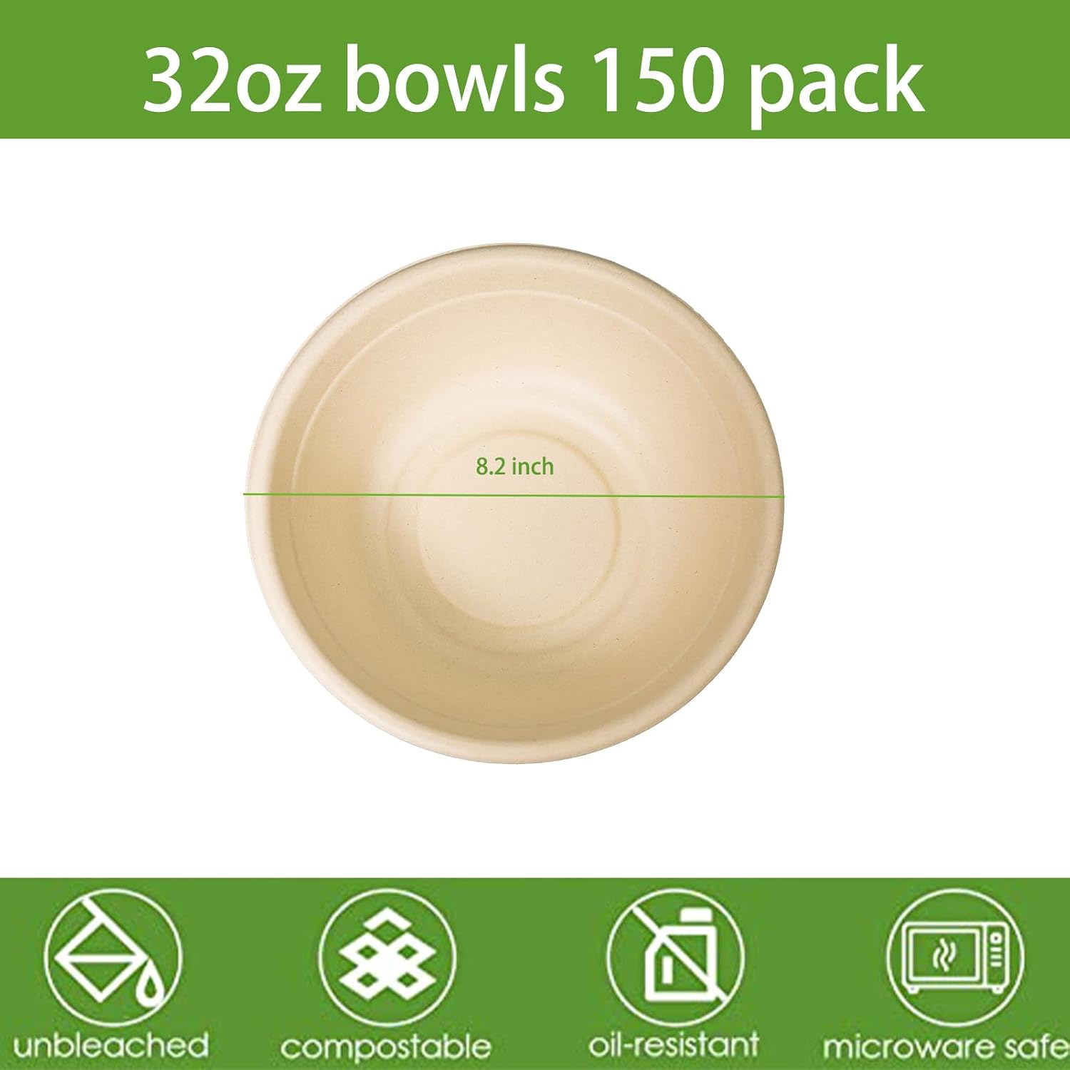 32oz Disposable Salad Bowls 150Pack  Big Paper Bowls  Large  Heavy-Duty  Eco-Friendly  Bulk Pack  Compostable Bowls  Biodegradable Made of Sugar Cane Fibers Perfect For Salad