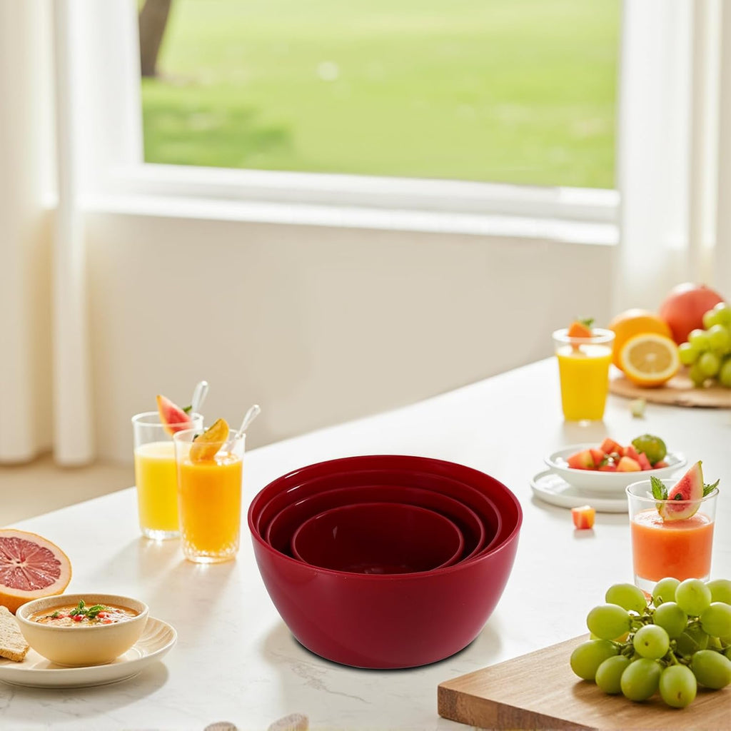 4-Piece Classic Plastic Prep Bowls with Lids  Nesting Plastic Small Mixing Bowl Set for Mixing  Baking  Prepping  Cooking and Serving Food  Microwave and Dishwasher Safe (Red)