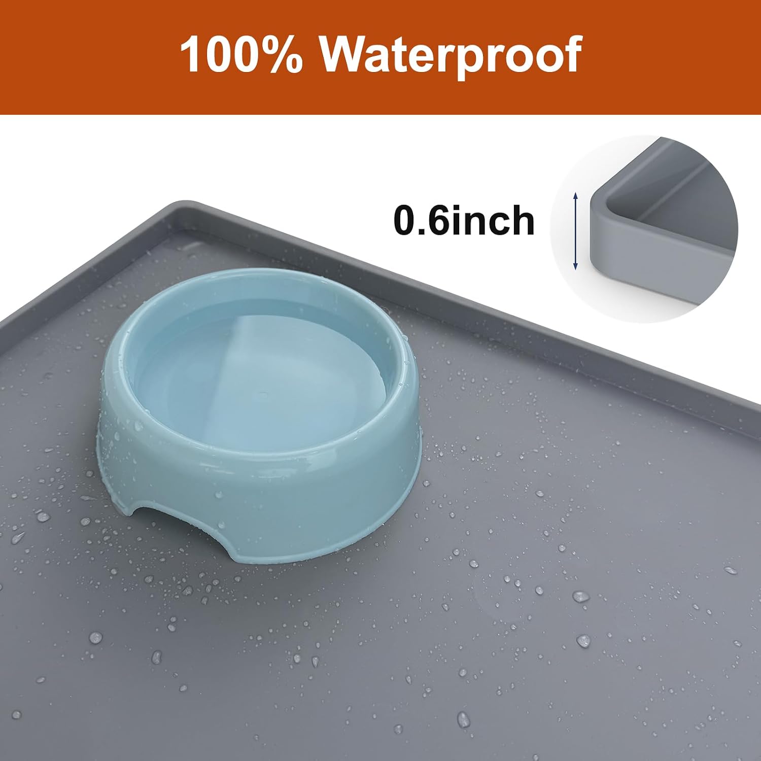 19” x 12” Extra Thick Waterproof Silicone Mat with Raised Edge  BPA Free Non-Slip Dog & Cat Food Mat  Feeding Mat for Food and Water Bowls  Spill Proof Mat to Protect Floors  Gray