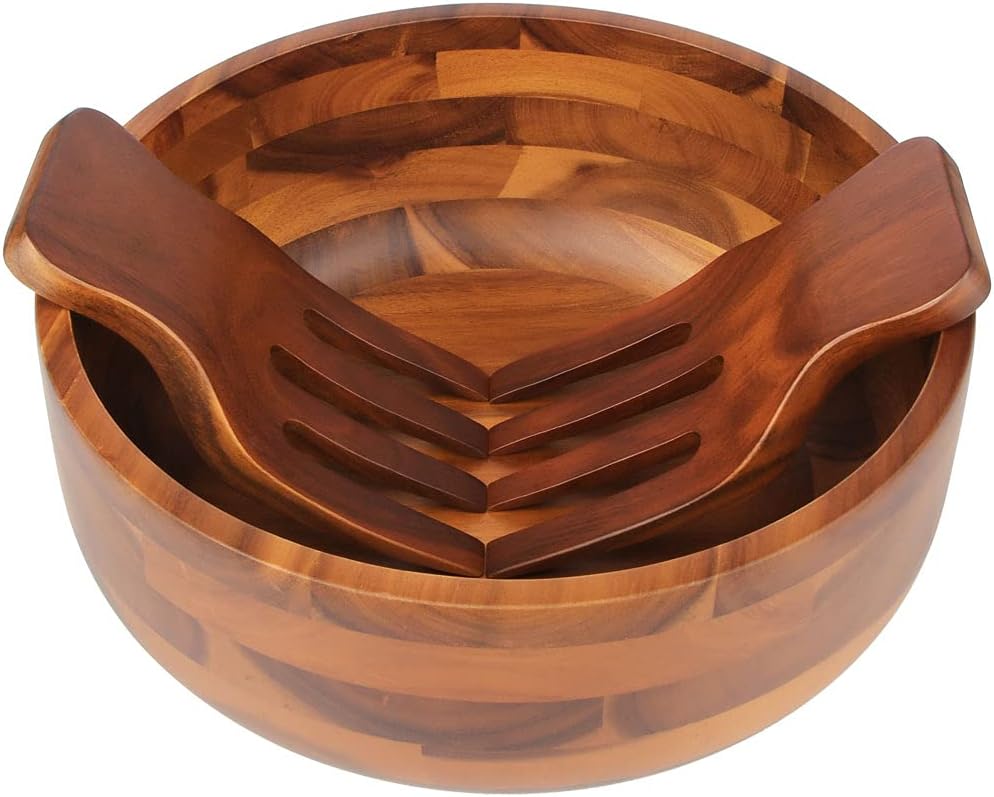 AIDEA Acacia Wood Salad Bowl Set with 2 Wooden Hands  Large Salad Bowl with Serving Utensils  Big Mixing Bowl for Fruits  Salad  Cereal  Corn flake Pasta 11" Diameter x 4.5" Height