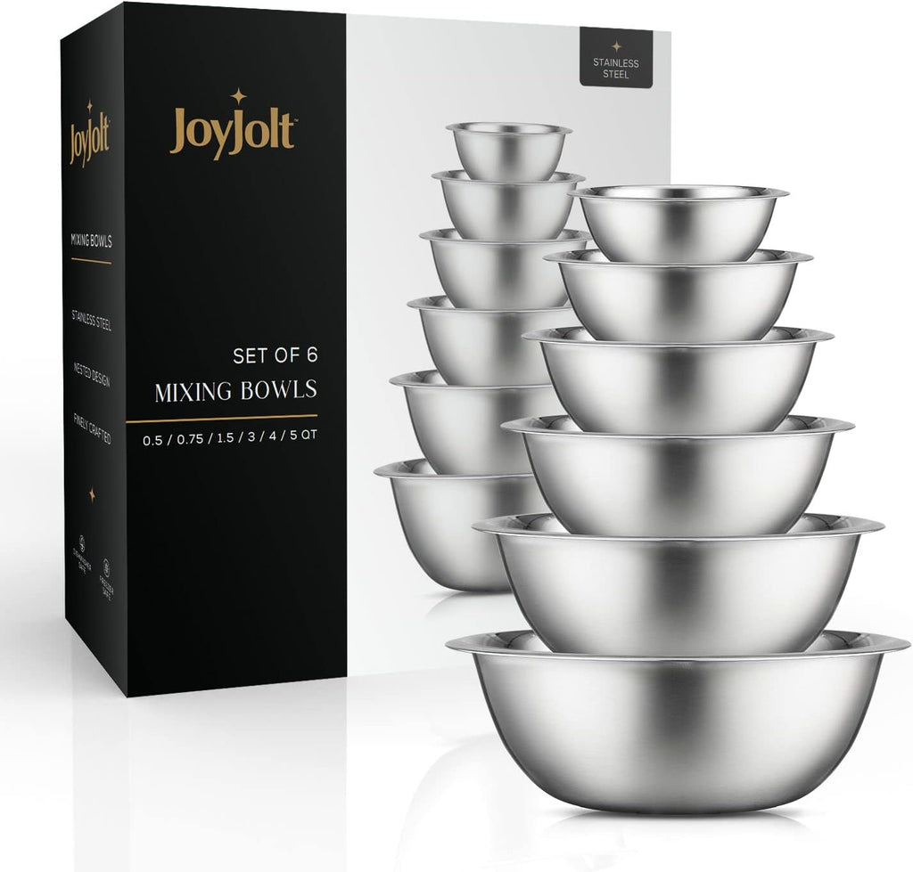JoyJolt Stainless Steel Mixing Bowl Set - 6 Piece Nesting Bowls  5qt to 0.5qt  Ideal for Kitchen  Cooking  Baking and Storage