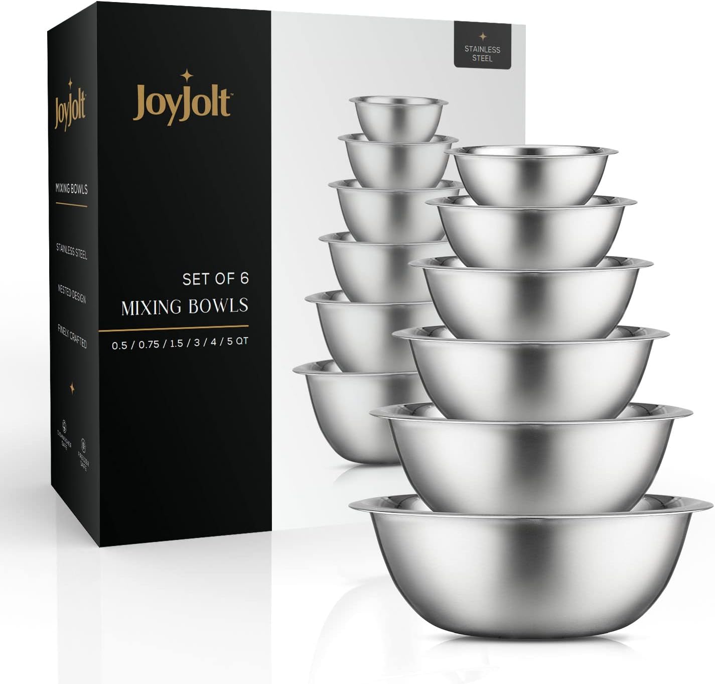 JoyJolt Stainless Steel Mixing Bowl Set - 6 Piece Nesting Bowls  5qt to 0.5qt  Ideal for Kitchen  Cooking  Baking and Storage