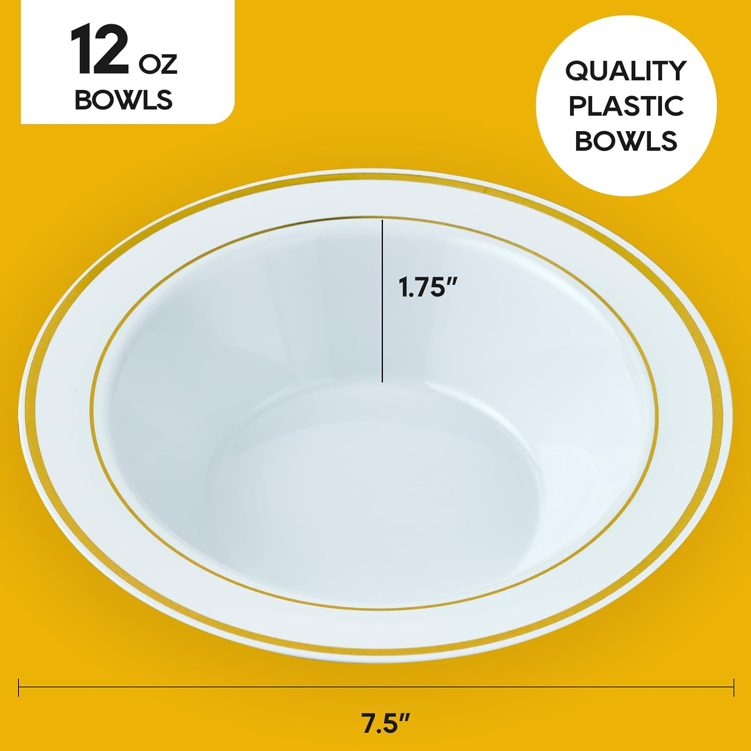JOLLY PARTY 50PCS Plastic Bowls with Gold Rim-12oz disposable Soup Bowls  Christmas Thanksgiving Premium Dessert Salad Bowl for Wedding/Party