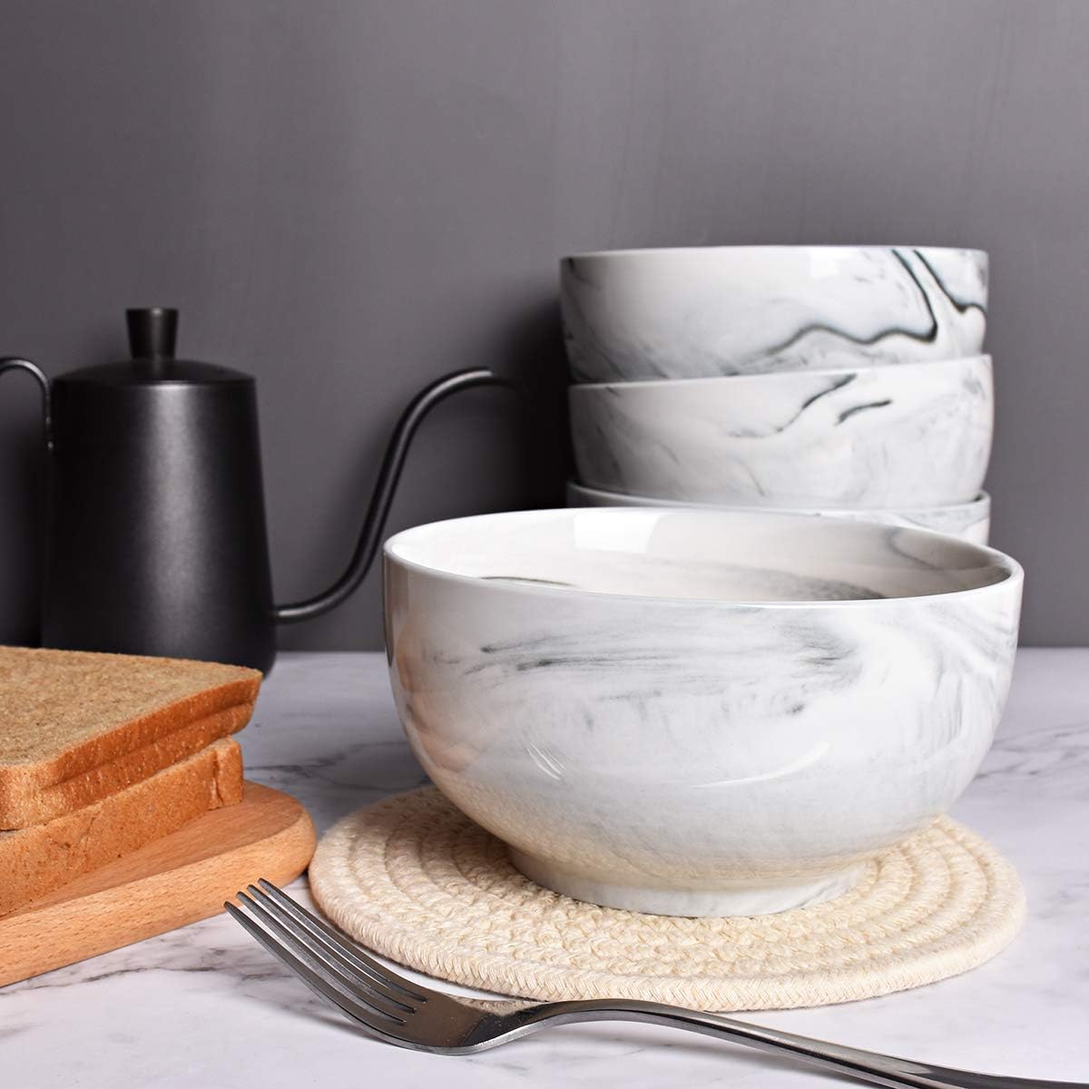 Bosmarlin Marbling Ceramic Bowl Set of 4  33 Oz  Dishwasher and Microwave Safe (33 Oz  B-Grey Marbling)