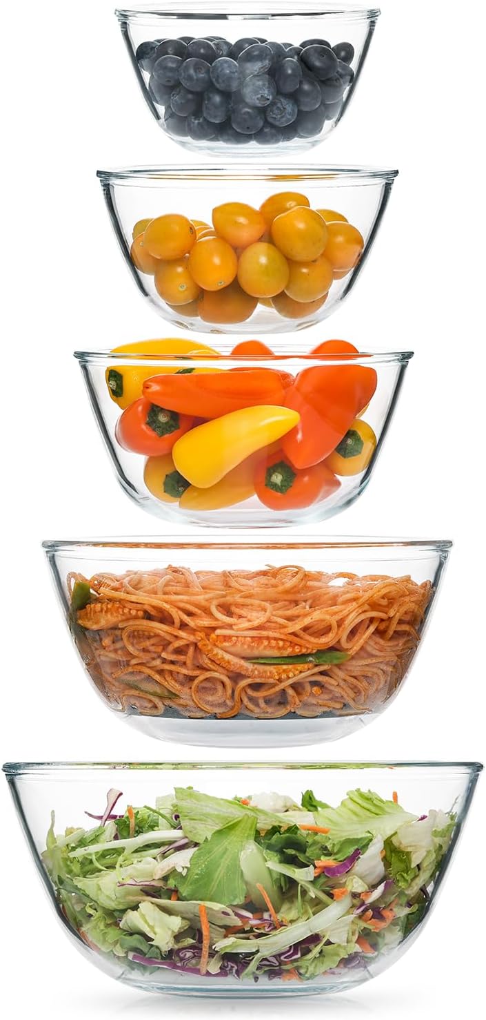 5pc Glass Mixing Bowls Sets (4.65QT  2.80QT  1.64QT  1.16QT  0.85QT)  Glass Nesting Kitchen Thick Bowl for Baking  Cooking Prep  Storage  Large Salad Bowls Sets-Dishwasher Microwave Freezer Safe