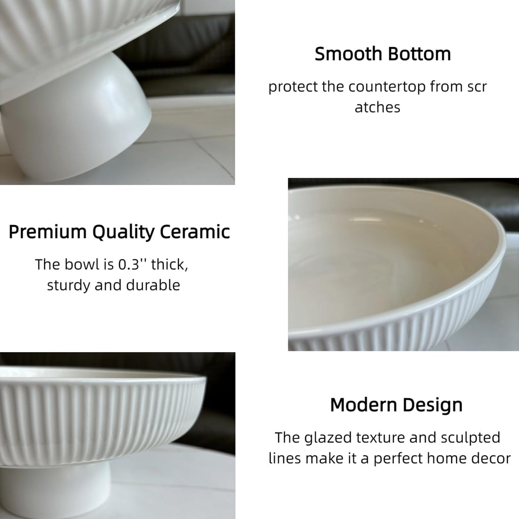 Ceramic Fruit Bowl 11" Decorative Bowl  Large Fruit Bowl for Kitchen Counter  Pedestal Bowl  Kitchen Counter Décor  Bread Candy Snacks Organizer  White (5.3 lbs  68oz)