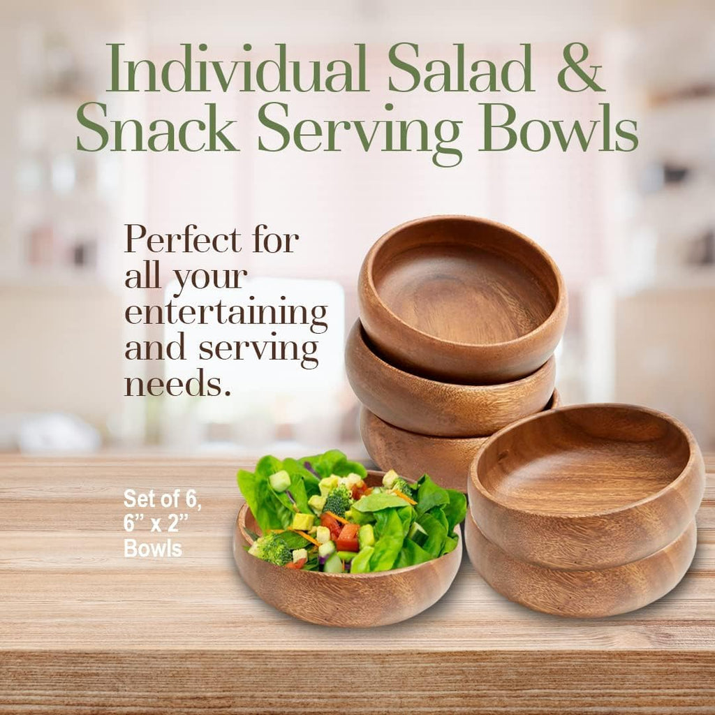 Woodard & Charles Acacia Wood Snack Serving Bowl  6" x 2" (Set of 6)