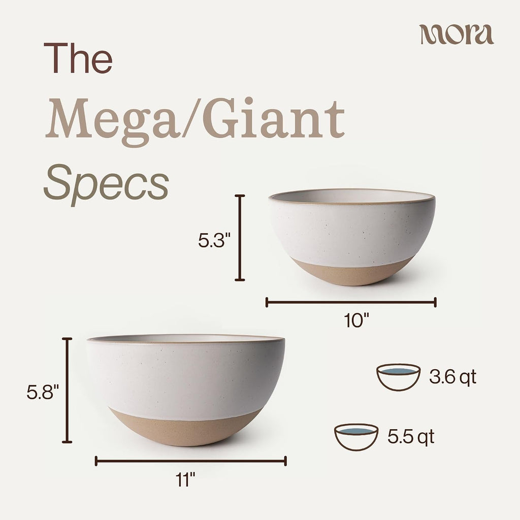 MORA Mega and Giant Bowls Set of 2  5.5 and 3.5 Qt Ceramic Pottery Mixing Bowls - Microwave and Dishwasher Safe - Oat