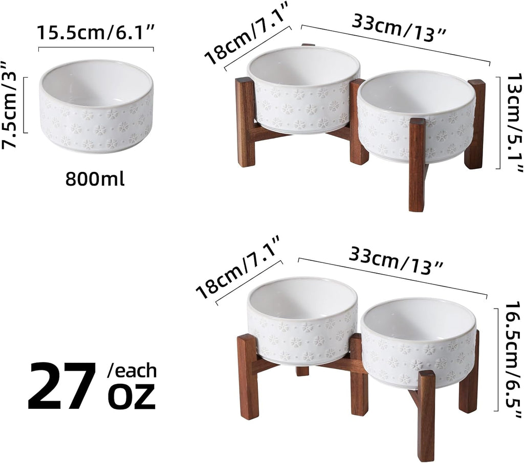 6.1inch Ceramic Raised Double Bowls Set with Acacia Wood Stand  2 Heights Elevated  Food & Water Bowls for Small Breed Dogs  Weighted Dog Dishes  Pet Bowl(27oz  Arctic White)