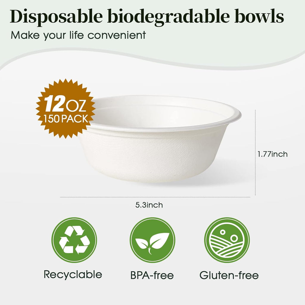 ECOLipak 150 Pack 12 oz Paper Bowls Disposable  Heavy-Duty Biodegradable Compostable Bowls Made of Natural Sugarcane Bagasse  Suitable for Salad  Dessert  Milk  Cereals