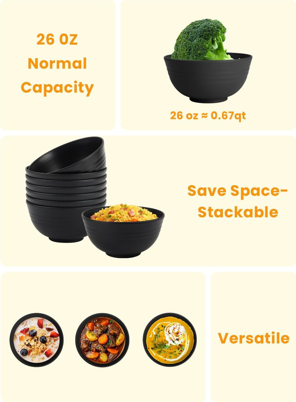 Homienly Cereal Bowl Set  Wheat Straw Bowls for Kitchen  Unbreakable Lightweight Bowl Set of 8  Microwave and Dishwasher Safe Bowls  Reusable Bowl for Serving  Cereal  Snack Fruit(Black  26 OZ)