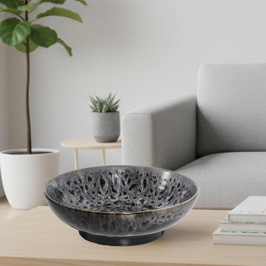 Ceramic Fruit Bowl 10.2" Decorative Bowl  Large Fruit Bowl for Kitchen Counter  Pedestal Bowl  Kitchen Counter Décor  Bread Candy Snacks Organizer(Black Gray)