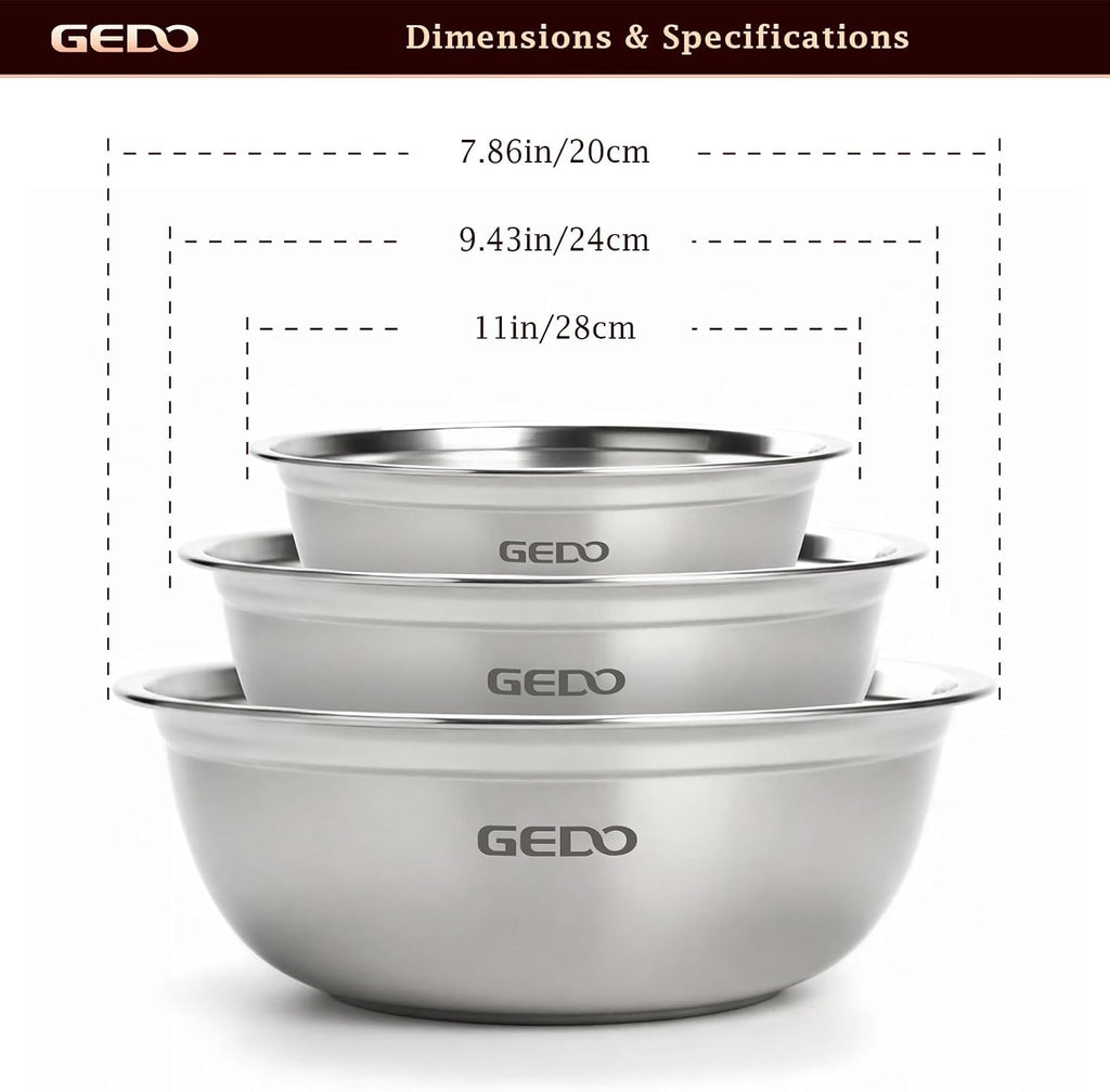 GEDO Stainless Steel 3 Pieces Mixing Bowls Set  316L Grade  Silver  Nesting Design  Professional Kitchen Bowls