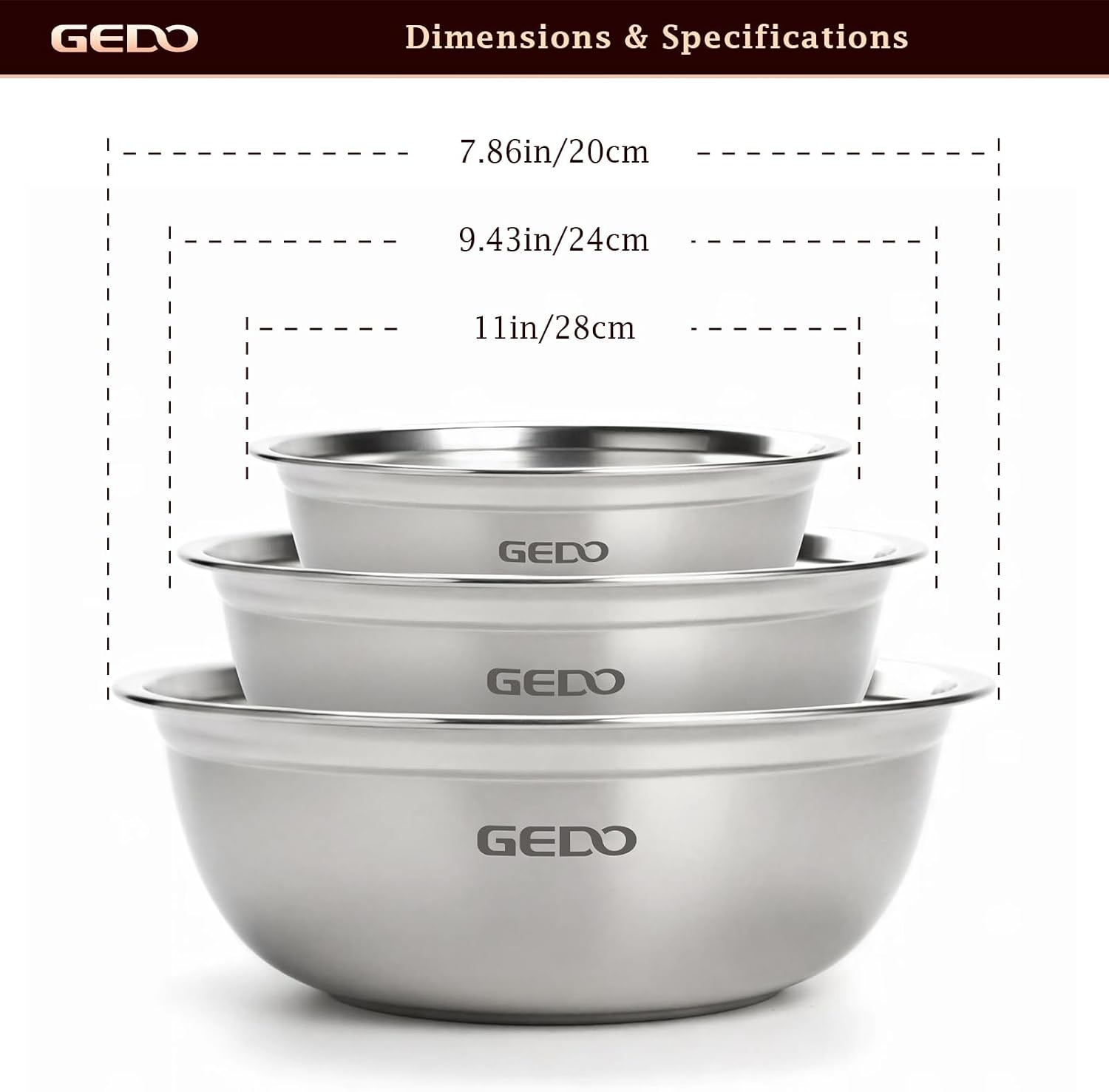 GEDO Stainless Steel 3 Pieces Mixing Bowls Set  316L Grade  Silver  Nesting Design  Professional Kitchen Bowls