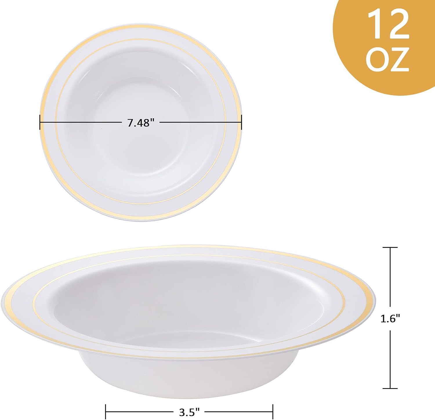 N9R 60PCS Disposable Plastic Bowls with Gold Rim  12 oz Fancy White Plastic Bowls  Premium Dessert Salad Bowls Perfect for Party  Wedding and Everyday Use