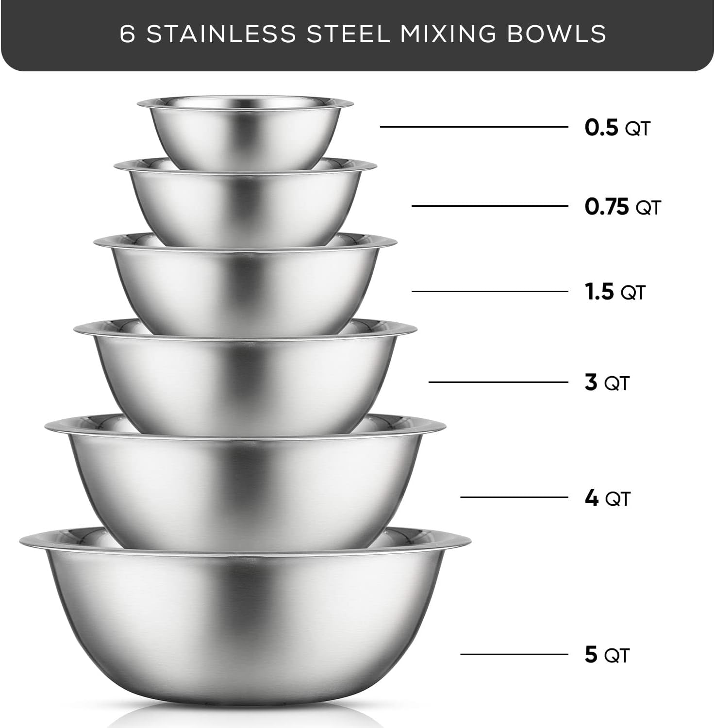 JoyJolt Stainless Steel Mixing Bowl Set - 6 Piece Nesting Bowls  5qt to 0.5qt  Ideal for Kitchen  Cooking  Baking and Storage