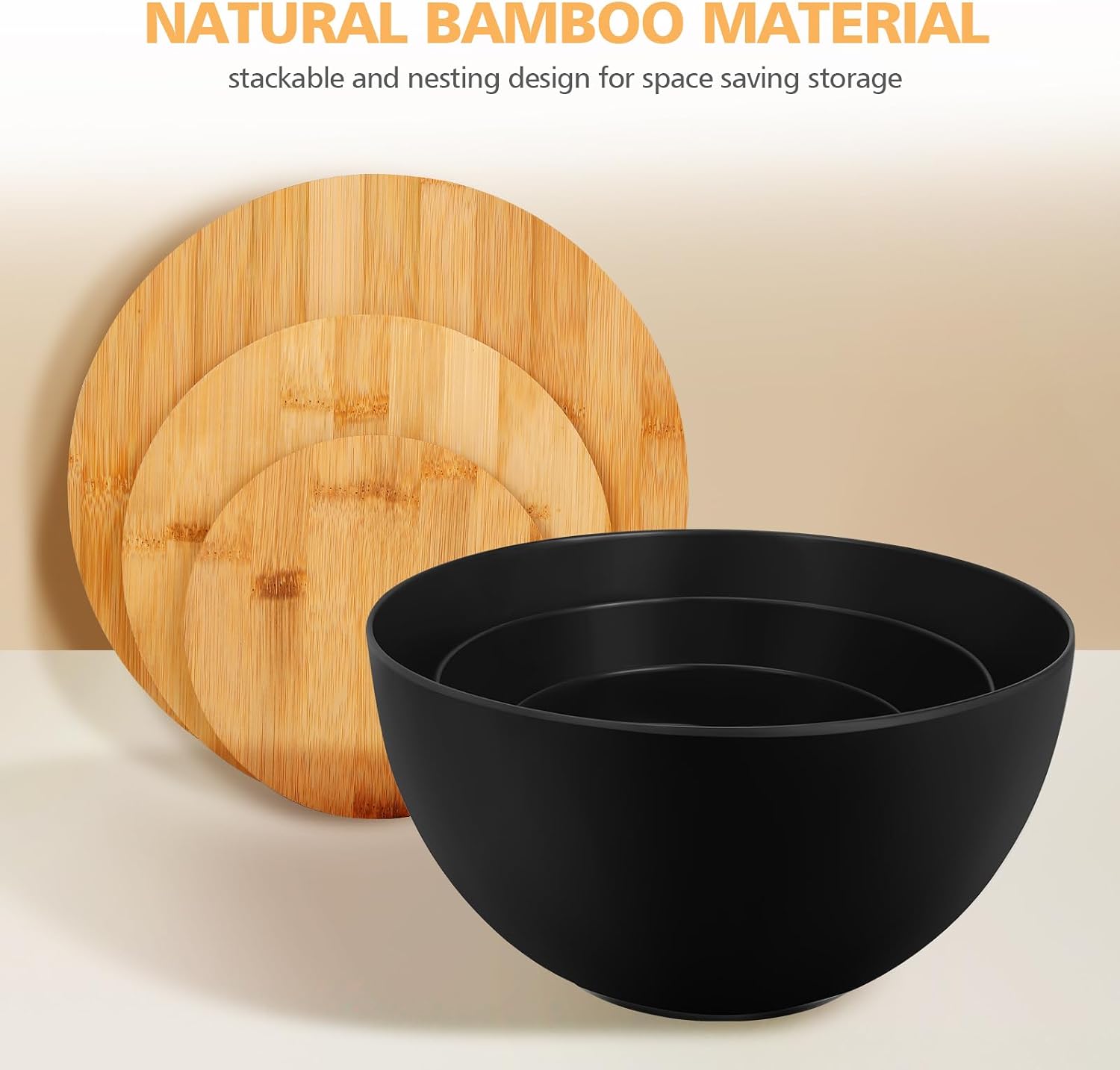 ShineMe Salad Bowl Set of 3  Natural Bamboo Fiber Salad Serving Bowls with Lids Mixing Bowl for Preparing and Serving Salad  Cereal  Fruit  Veggies  Popcorn Chips & Bread(10" 8" 6")