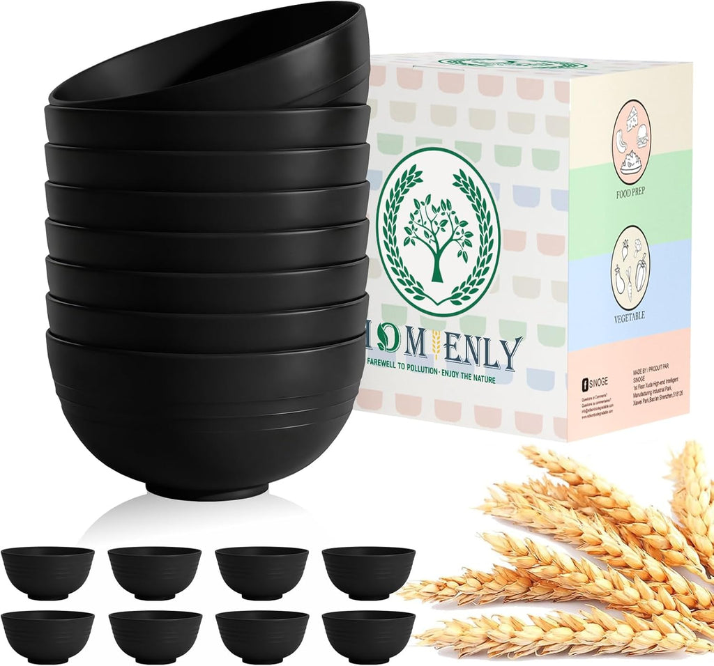 Homienly Cereal Bowl Set  Wheat Straw Bowls for Kitchen  Unbreakable Lightweight Bowl Set of 8  Microwave and Dishwasher Safe Bowls  Reusable Bowl for Serving  Cereal  Snack Fruit(Black  26 OZ)
