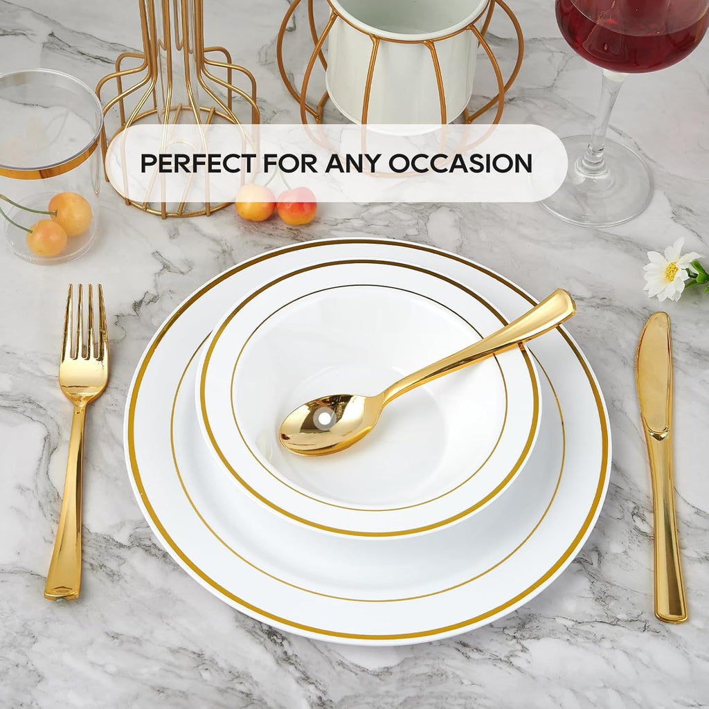 JOLLY PARTY 50PCS Plastic Bowls with Gold Rim-12oz disposable Soup Bowls  Christmas Thanksgiving Premium Dessert Salad Bowl for Wedding/Party