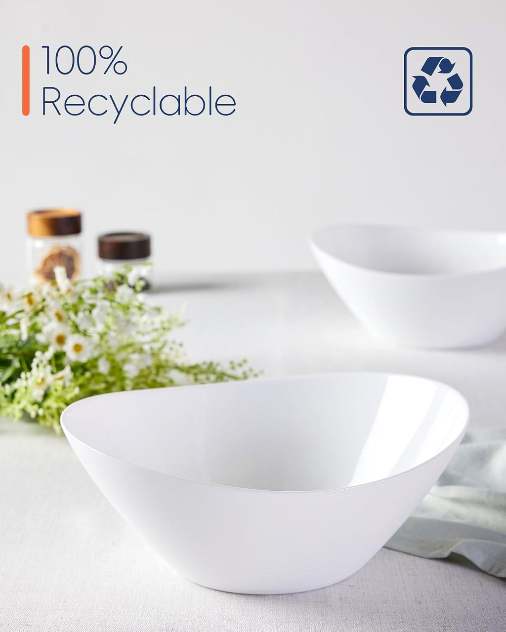 66 OZ Salad Bowl Set of 2  Opal Glass 10 inch Lightweight Serving Dishes for Salad  Fruit  Kitchen Microwave & Dishwasher Safe  Oval Shape White