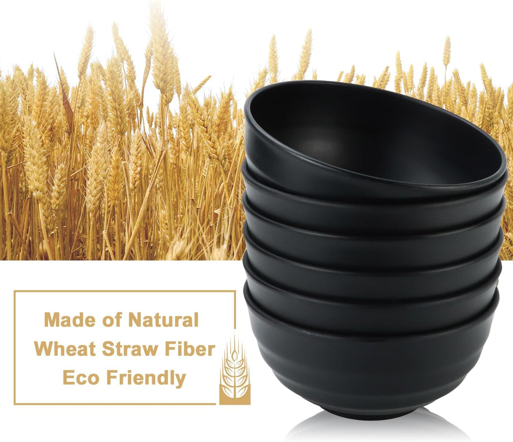 Wheat Straw Bowls Unbreakable Large Salad Bowls 60 OZ Set of 6  Microwave and Dishwasher Safe Large Plastic Bowl  Big Bowl for Eating  Serving Soup  Ramen  Popcorn (Black)