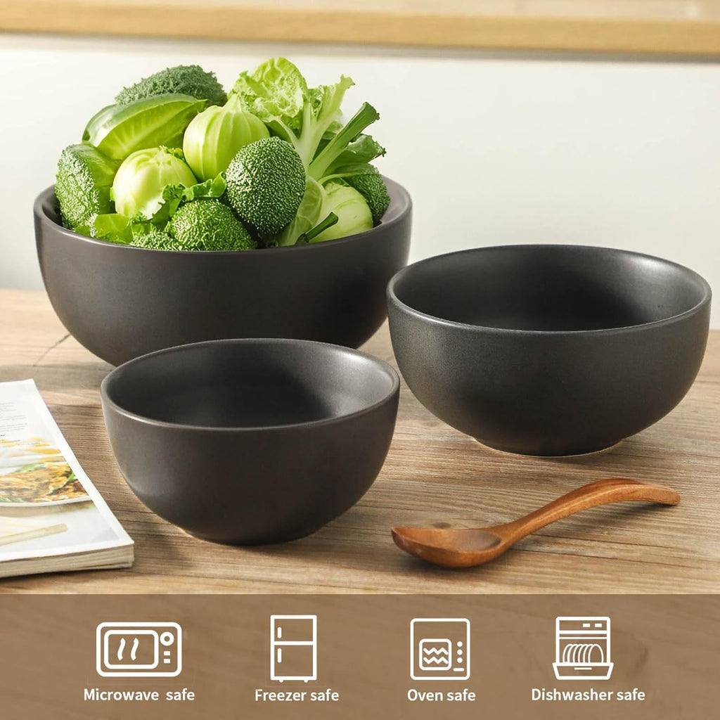 Tikoore Mixing Bowls Ceramic Bowls for Kitchen Black Mixing Bowls Set for Baking Serving Nesting Bowls for Kitchen Cooking Salad Microwave Oven and Dishwasher Safe 24/40/88 oz Set of 3 Matte Black