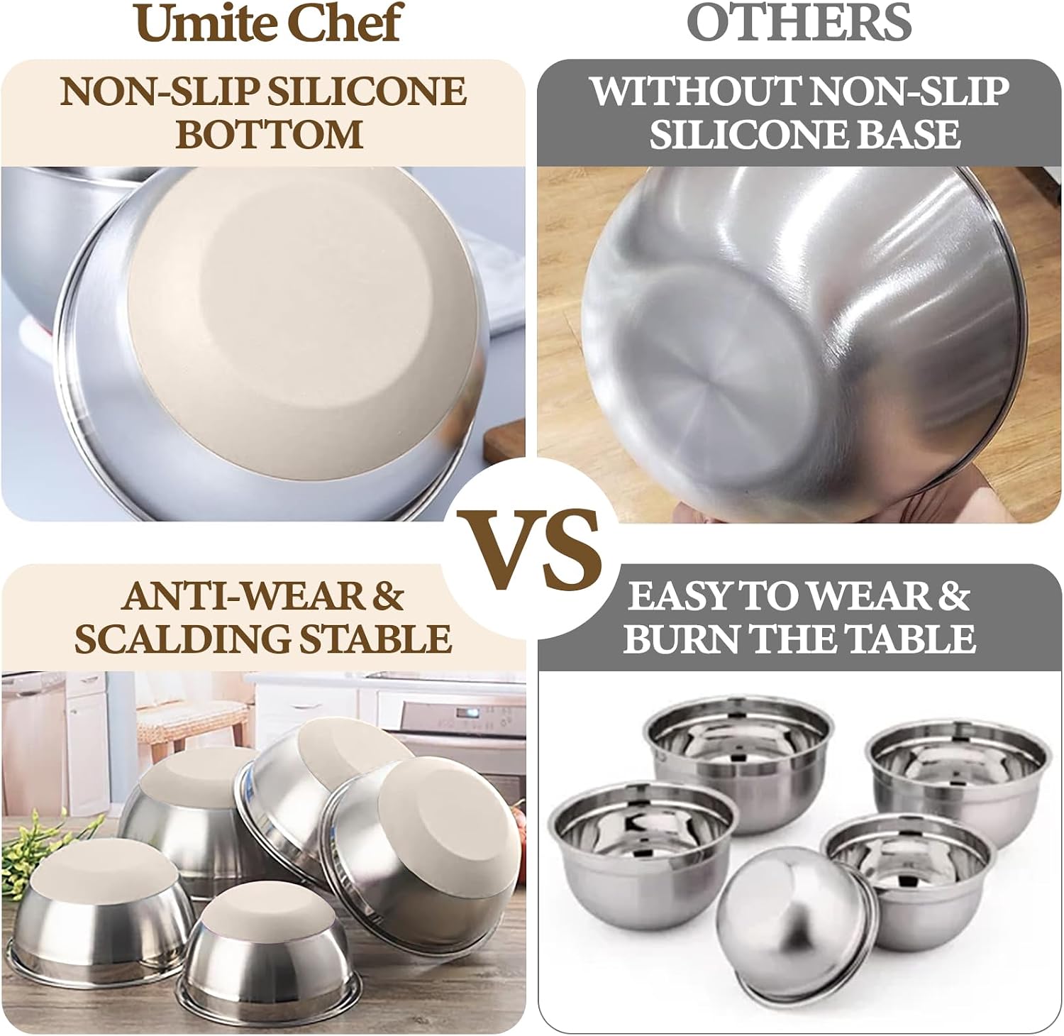 Umite Chef Mixing Bowls with Airtight Lids Set  8PCS Stainless Steel Khaki Nesting Bowls with Grater Attachments  Kitchen Bowls with Non-Slip Bottoms  Size 5  4  3.5  2  1.5QT for Mixing & Serving