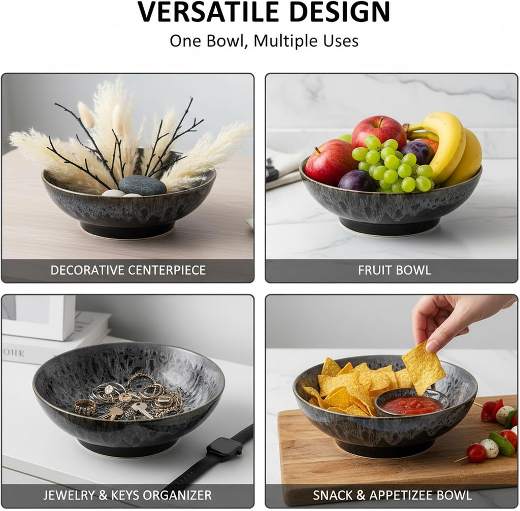 Ceramic Fruit Bowl 10.2" Decorative Bowl  Large Fruit Bowl for Kitchen Counter  Pedestal Bowl  Kitchen Counter Décor  Bread Candy Snacks Organizer(Black Gray)