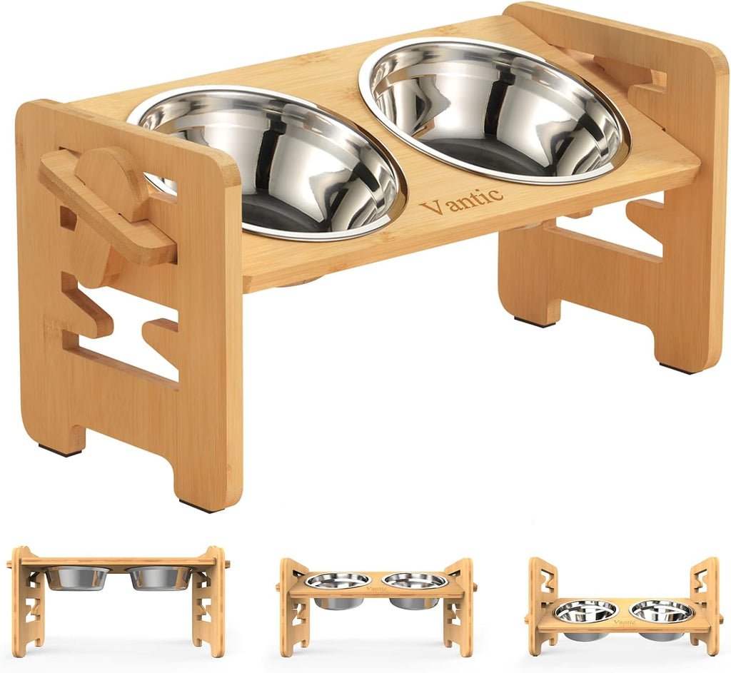 Vantic Elevated Dog Bowls  Adjustable Raised Dog Bowl Stand for Small Puppy and Cats  Sturdy Bamboo Pet Food Feeder with 2 Stainless Steel Dishes  Natural