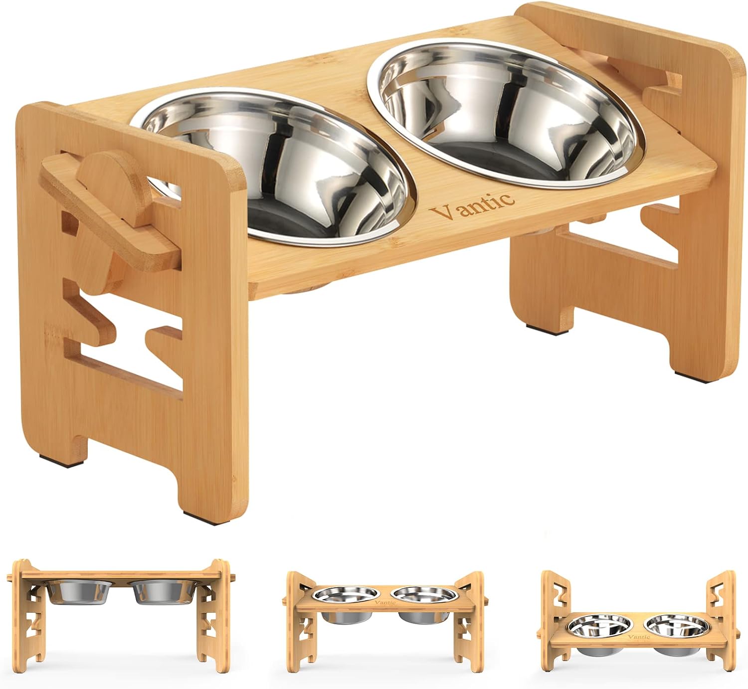 Vantic Elevated Dog Bowls  Adjustable Raised Dog Bowl Stand for Small Puppy and Cats  Sturdy Bamboo Pet Food Feeder with 2 Stainless Steel Dishes  Natural