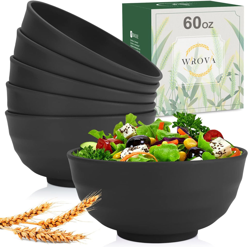 Wrova Wheat Straw Bowls Set 60 OZ Unbreakable Large Cereal Bowls Set of 6 Microwave and Dishwasher Safe Bowls Big Bowls for Camping and Picnic BPA Free Soup Bowl for Serving Oatmeal and Salad. Black