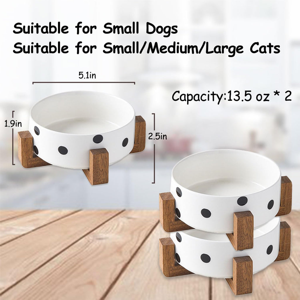 Petygooing Ceramic Dog Bowl Set with Stand  Small Pet Bowls  Anti-Slip Cat & Dog Food and Water Bowl Set (13.5OZ/5.1 in) Black Dot