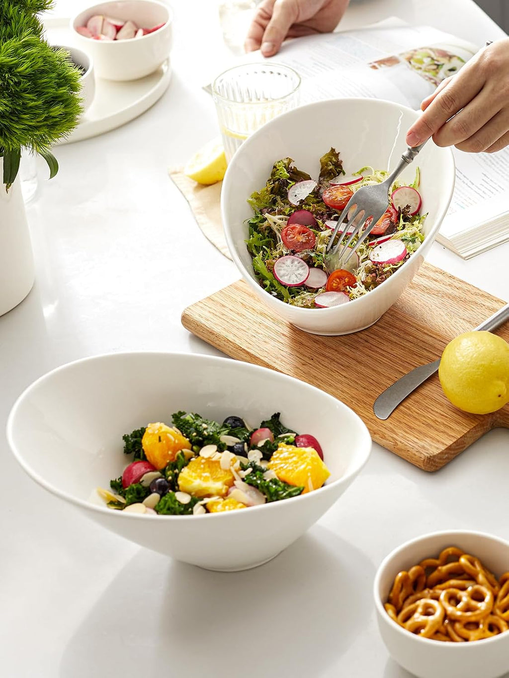 DOWAN 23 OZ Slanted Salad Bowls of 2 Packs - 9.5" Angled Serving Bowls for Salad  Fruit  Snacks - Ceramic White Bowls for Restaurant  Daily Use - Dishwasher & Microwave Safe