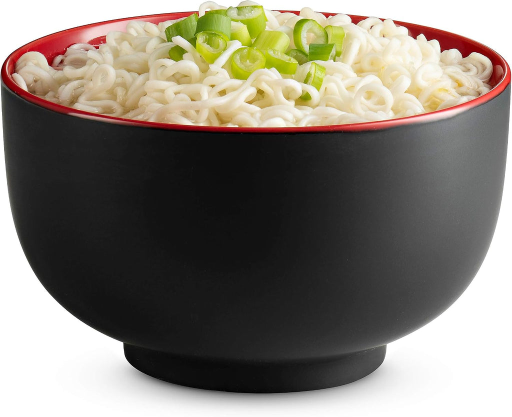 KooK Ramen Bowl  Japanese Bowls  Noodle Bowls  Large Soup Bowl  Ceramic  Large Capacity  For Ramen  Pho  Udon  Soba  Microwave and Dishwasher Safe  34 oz  Set of 4 (Black/Red)