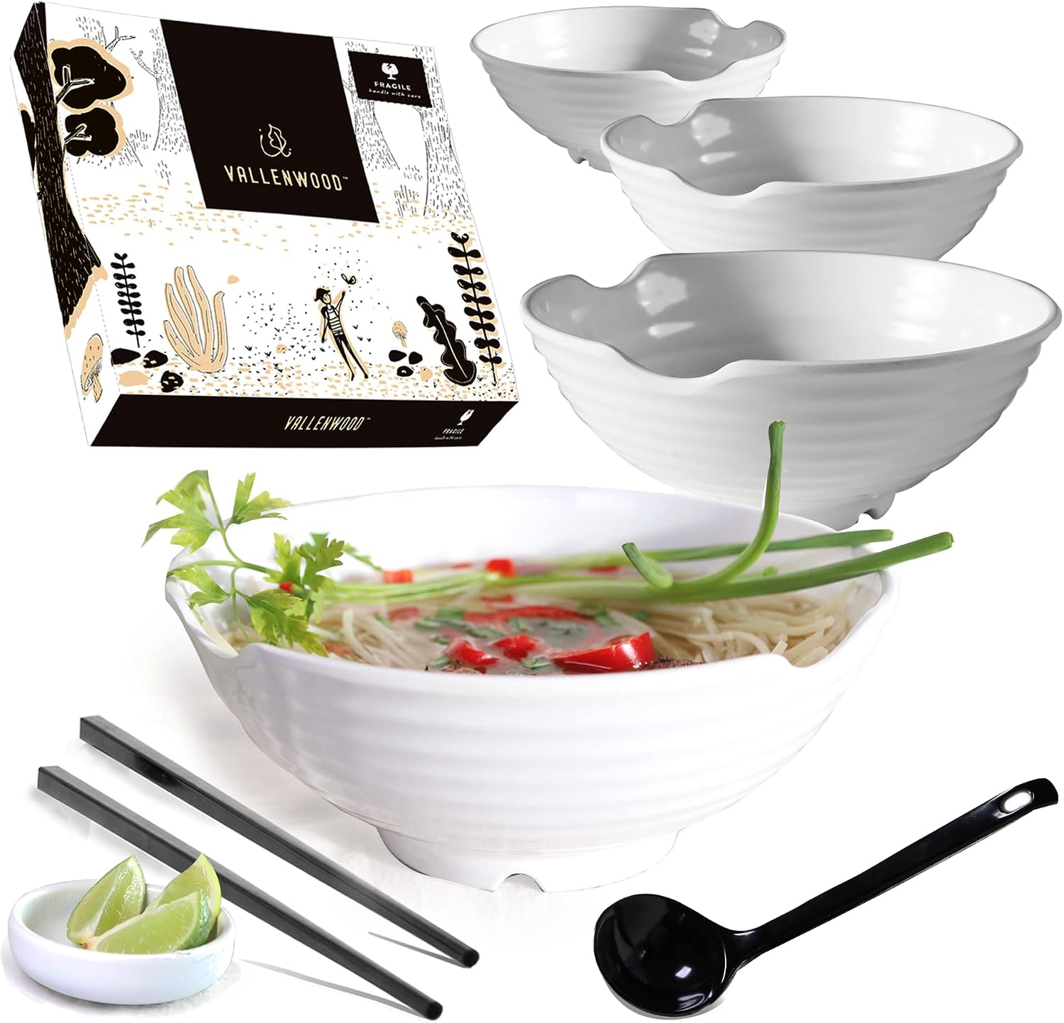 4 XL White Pho Bowls set. 16 Pieces Pho Bowl Set for Asian Noodle Dishes  52 oz Restaurant Quality Melamine. Perfect for Ramen  Curry  Udon  Thai. Includes Spoons  Chopsticks And Sauce Dishes.