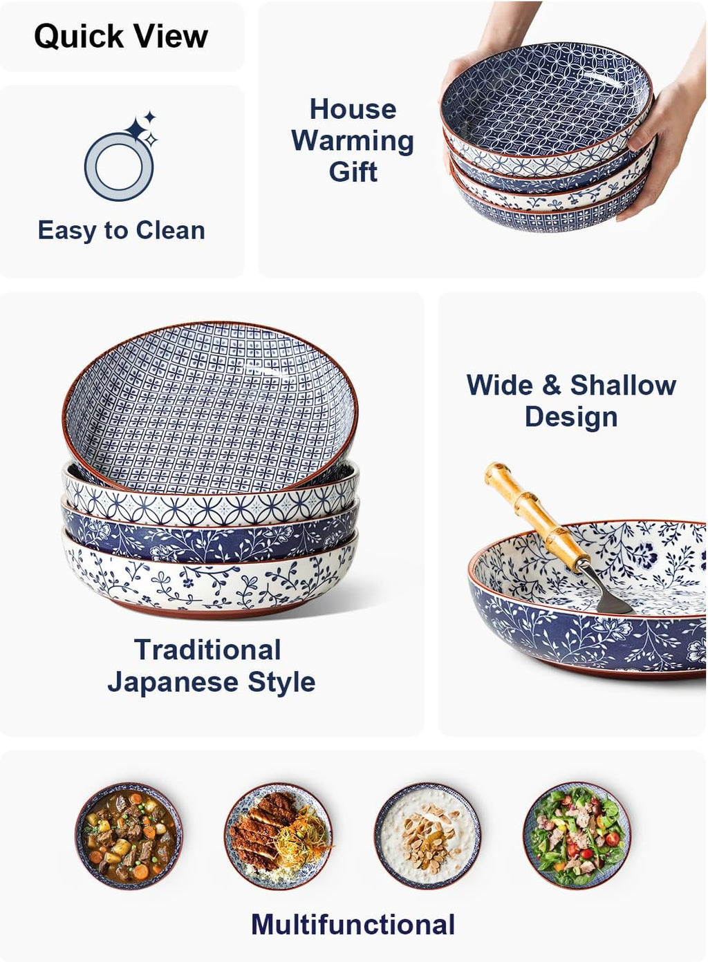 LE TAUCI Pasta Bowl 32 oz  Ceramic Salad Bowl  Japanese-Style Plate Bowls for Serving Pasta  Fruits  Salad  Noodle  Dinner  Soup  Mircrowave Oven Dishwasher Safe - 8.2 Inch  Set of 4  Vintage Blue