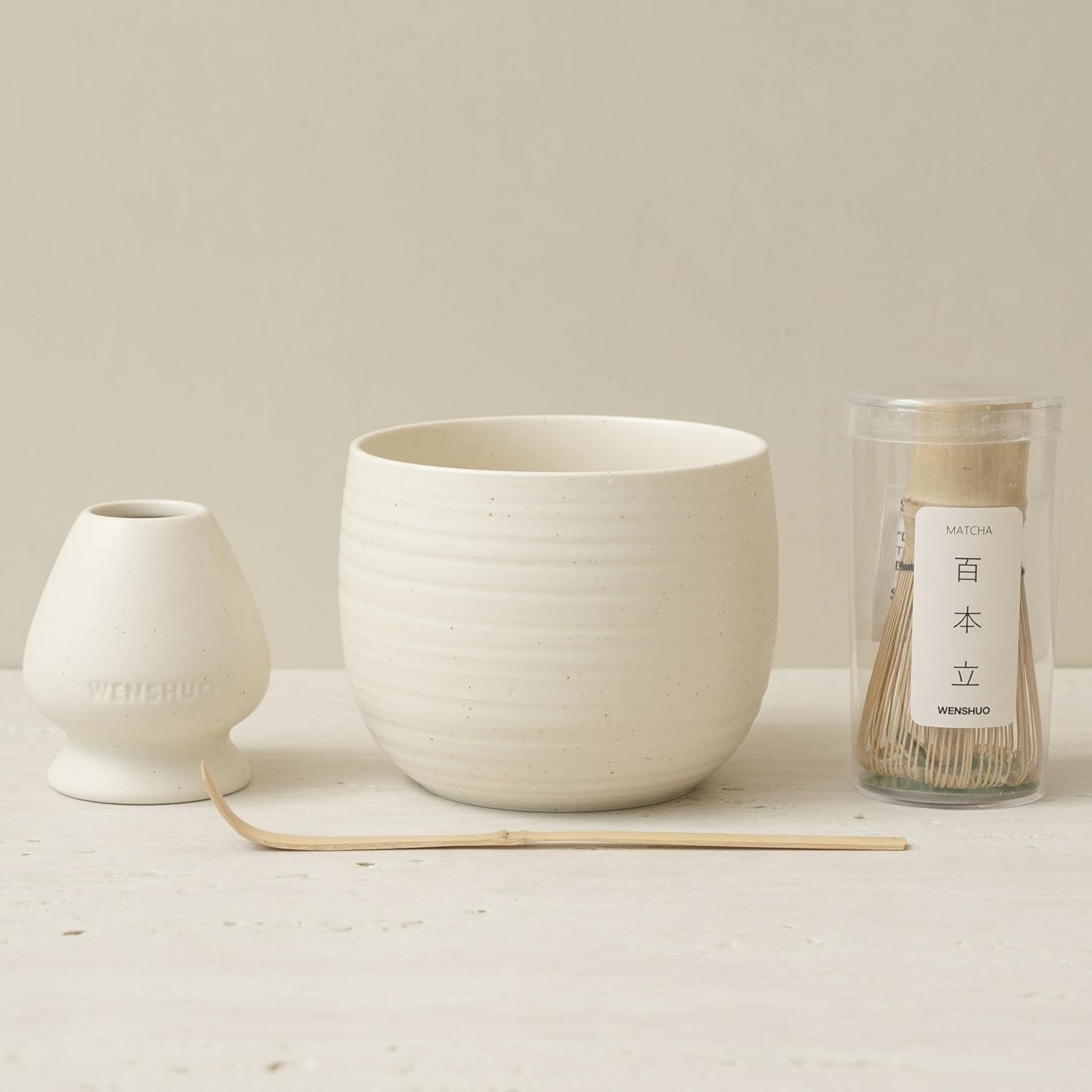 Matcha Whisk Set  Ceramic Matcha Bowl & Whisk Holder  Bamboo Accessory  Modern Design (Matte Crème  Traditional Bowl Design)