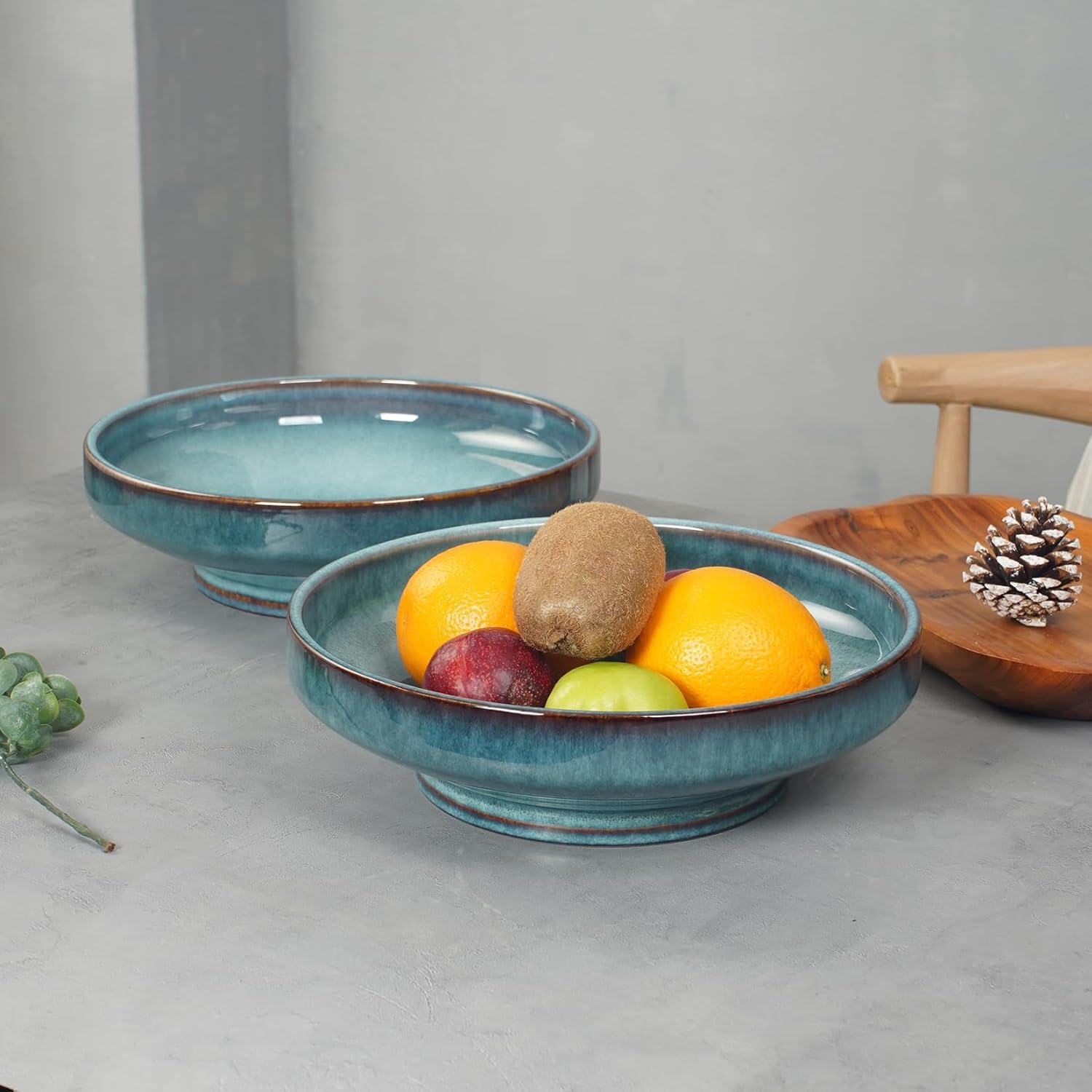 Ceramic Fruit Bowl for Kitchen Counter Decorative Pedestal Bowl for Table Countertop Large Footed Serving Bowl 10.2 Inch (Blue)