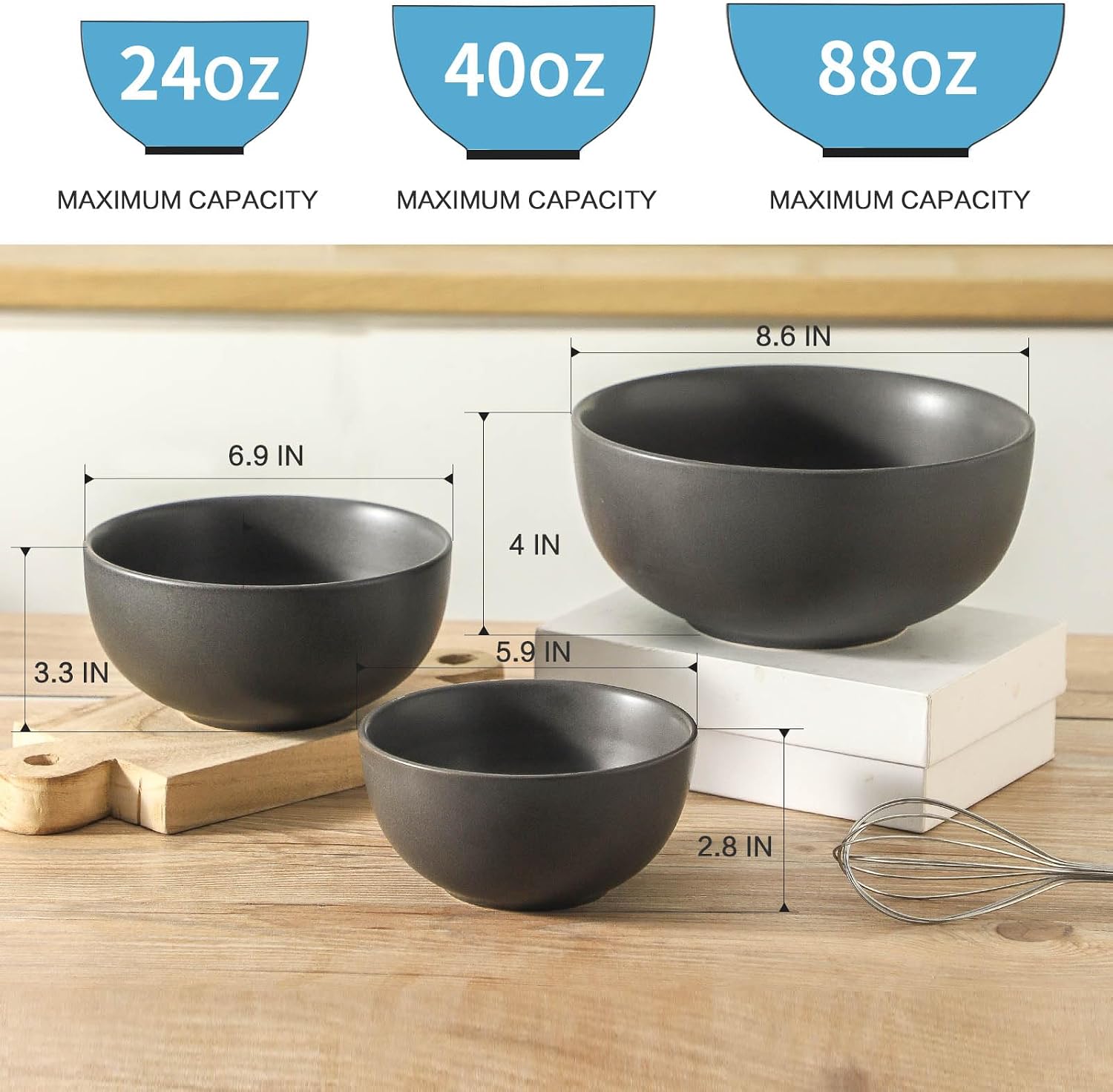 Tikoore Mixing Bowls Ceramic Bowls for Kitchen Black Mixing Bowls Set for Baking Serving Nesting Bowls for Kitchen Cooking Salad Microwave Oven and Dishwasher Safe 24/40/88 oz Set of 3 Matte Black