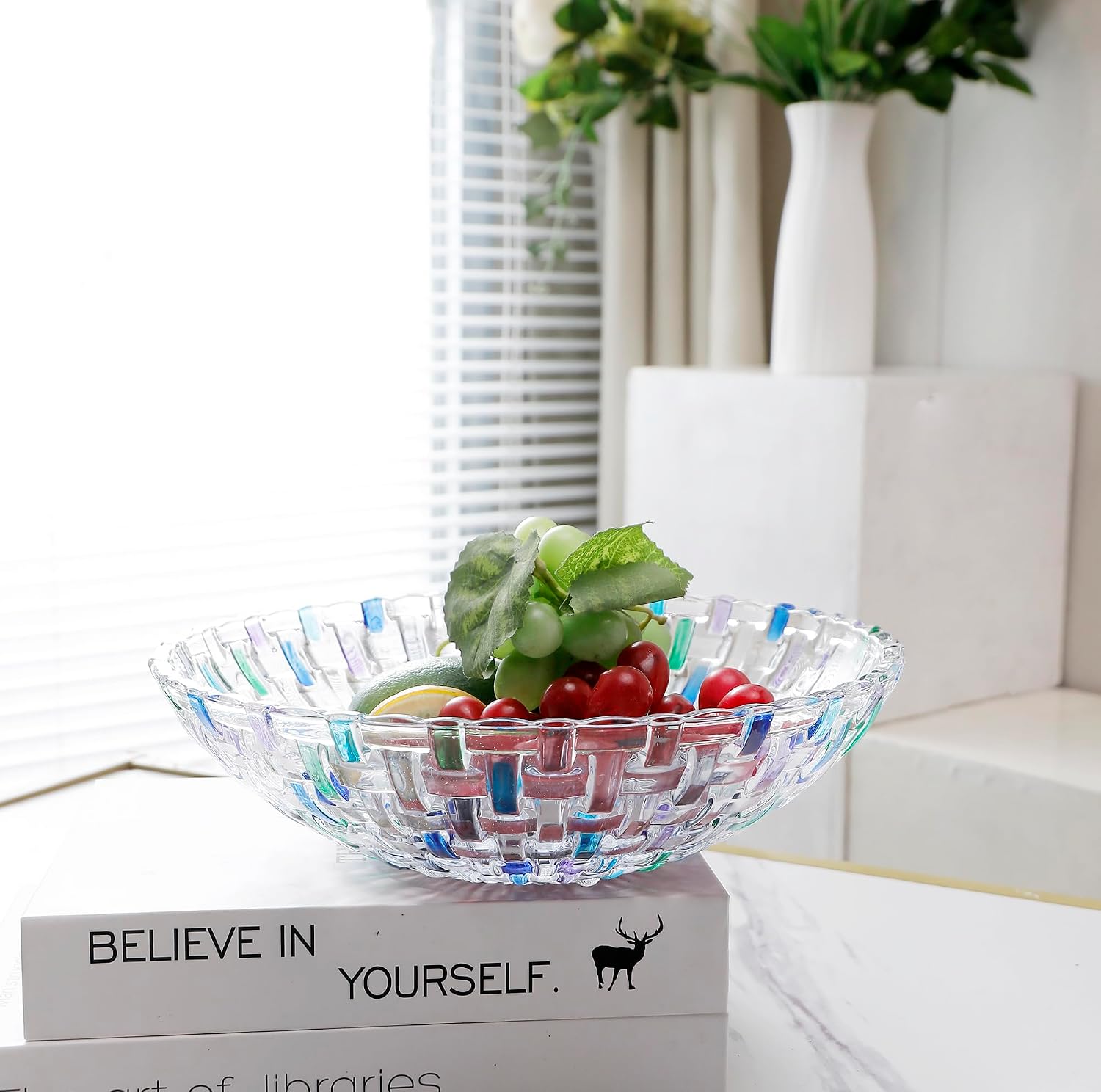 MAGCOLOR Hand Painted Blue Woven Glass Crystal Salad & Fruit Bowl Decoration Centerpiece For Home Office Wedding Decor  Fruit  Snack  Dessert  Server (Blue)