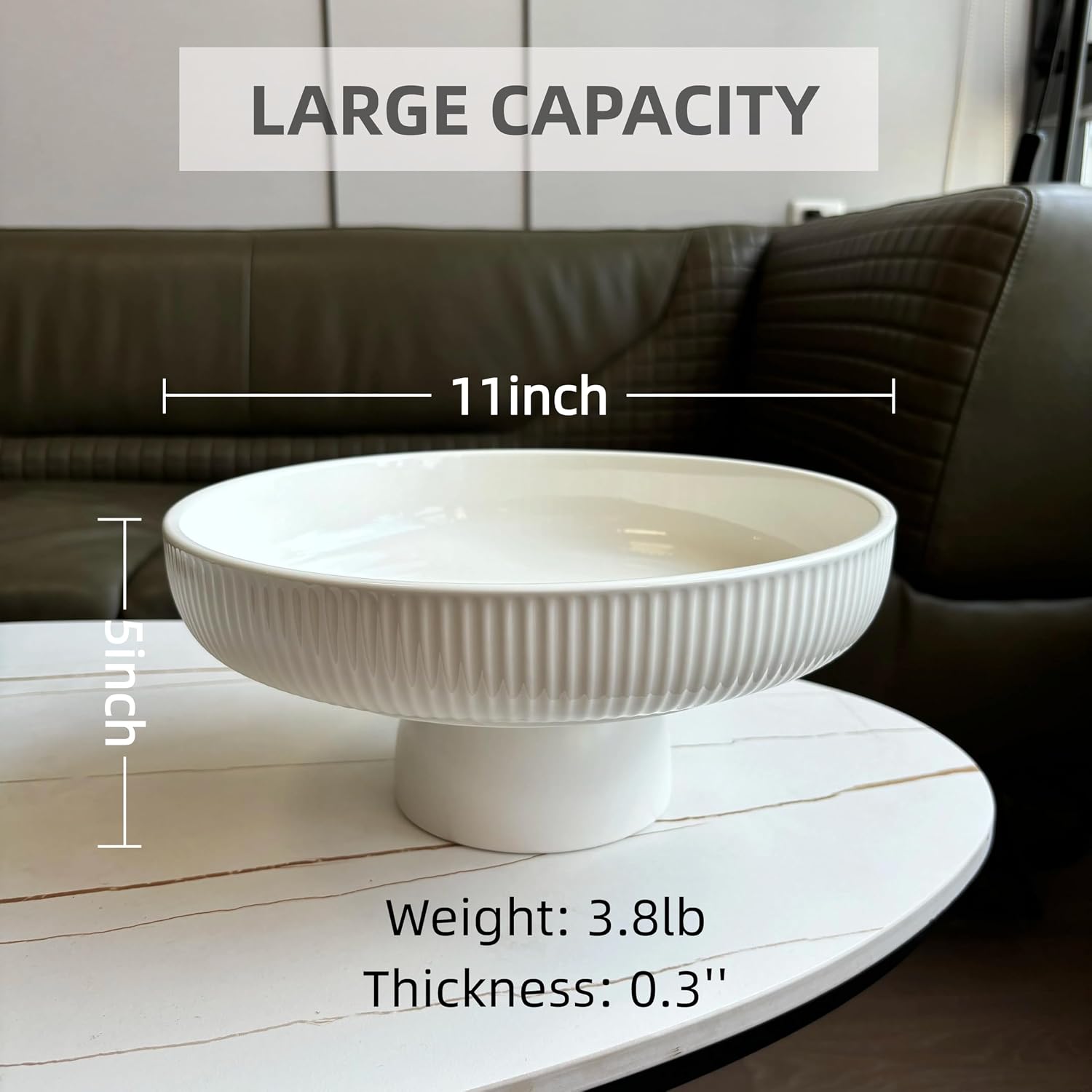 Ceramic Fruit Bowl 11" Decorative Bowl  Large Fruit Bowl for Kitchen Counter  Pedestal Bowl  Kitchen Counter Décor  Bread Candy Snacks Organizer  White (5.3 lbs  68oz)