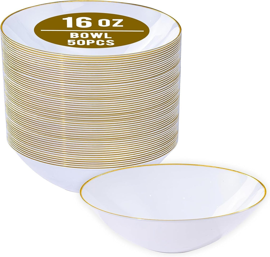 I00000 16 Oz 50 Count White Disposable Soup Bowls with Gold Rim  Plastic Bowls Disposable Premium Heavyweight Elegant Plastic Salad Bowl for Party