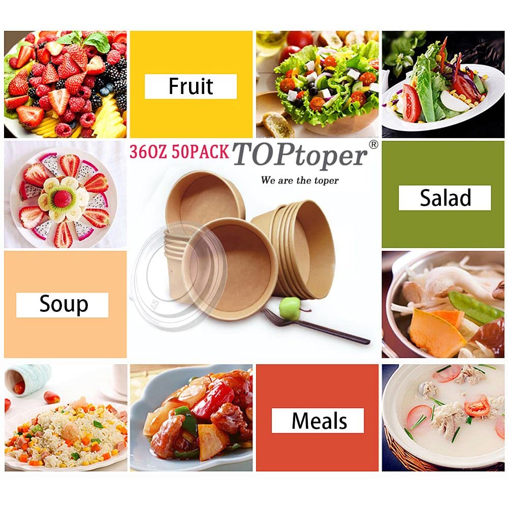 36Oz 50Pcs Large Paper Bowls with Lids  Disposable Soup Serving Bowls Bulk Party Supplies for Hot/Cold Food  Soup (36 OZ)