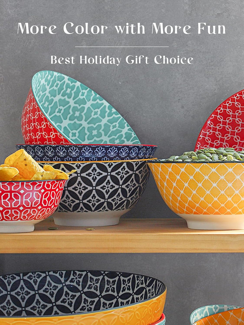 DOWAN Mosaian 33 OZ Large Bowl Set of 6 - Ceramic Deep Bowls for Ramen  Pasta  Salad - Vibrant Patterned Porcelain Bowls for Kitchen Decor & Housewarming Gift - Dishwasher & Microwave Safe
