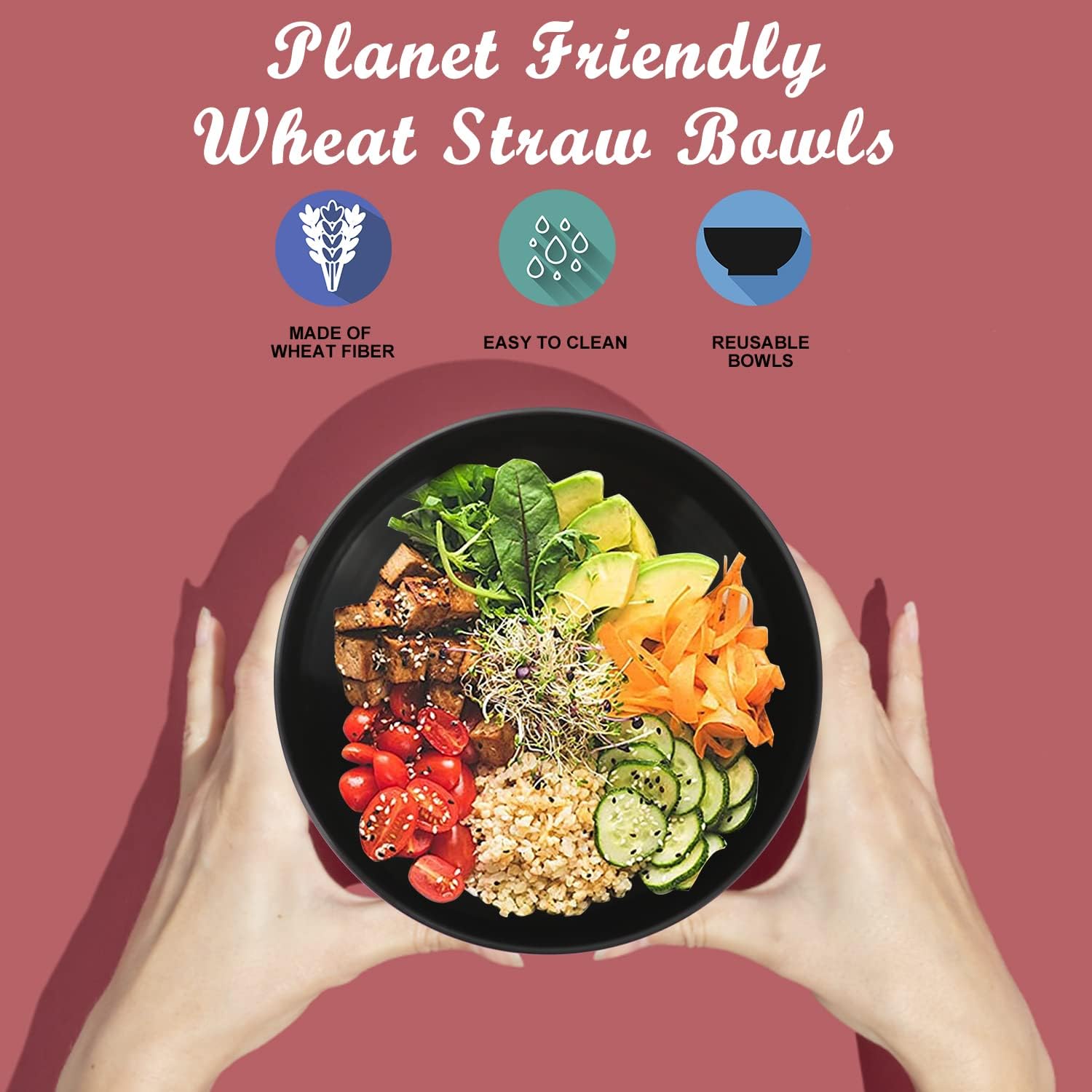 Wrova Wheat Straw Bowl Sets 6 PCS Unbreakable Big Cereal Bowl 50 OZ Microwave and Dishwasher Safe Bowls Alternative Plasic Bowl Reusable for Serving Soup Oatmeal and Salad (Black)