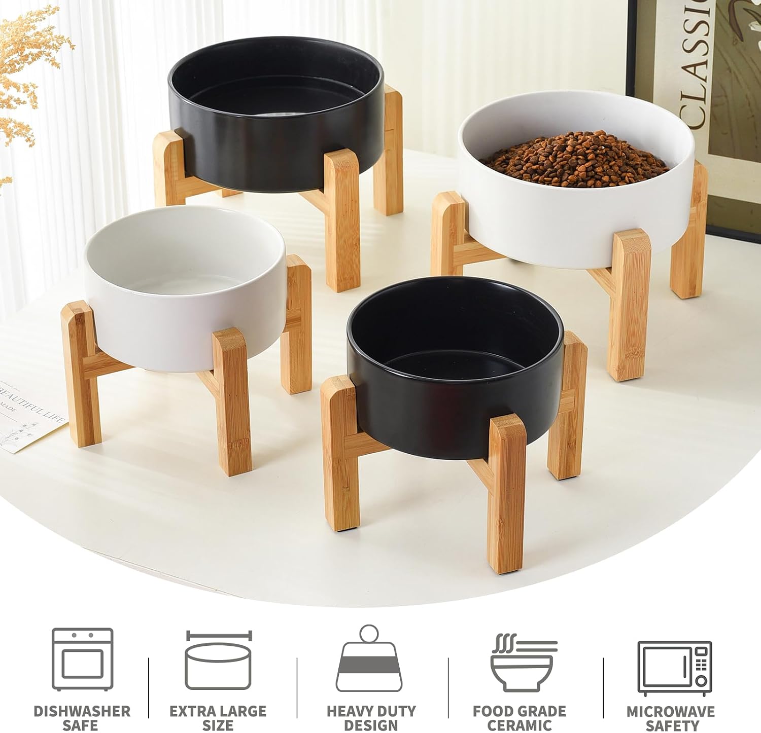 6'' Ceramic Raised Dog Bowl - 30Oz Dog Food & Water Bowl with Elevated Non-Slip Bamboo Stand  Dishwasher & Microwave Safe  Anti Vomiting Heavy Duty Pet Bowl for Small and Medium Dogs  Black