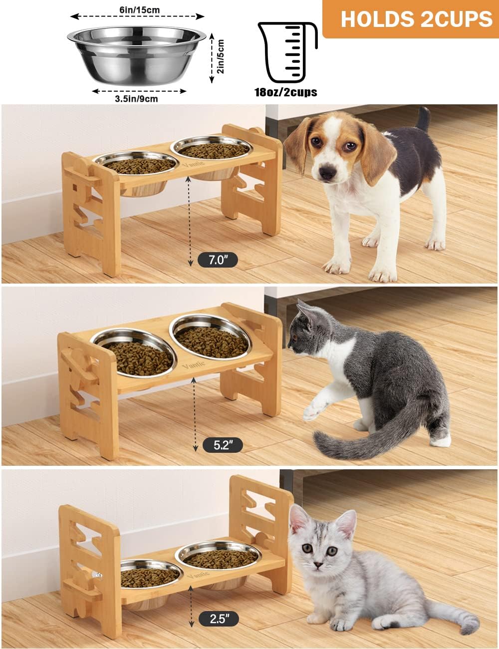 Vantic Elevated Dog Bowls  Adjustable Raised Dog Bowl Stand for Small Puppy and Cats  Sturdy Bamboo Pet Food Feeder with 2 Stainless Steel Dishes  Natural
