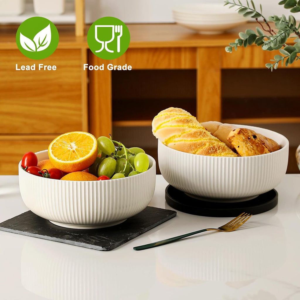 60oz Salad Bowl Set 2 Pack Serving Bowls for Entertaining 8inch Large White Ceramic Bowl for Side Dishes Soup  Pho  Cereal  Pasta  Fruit  Microwave and Dishwasher Safe