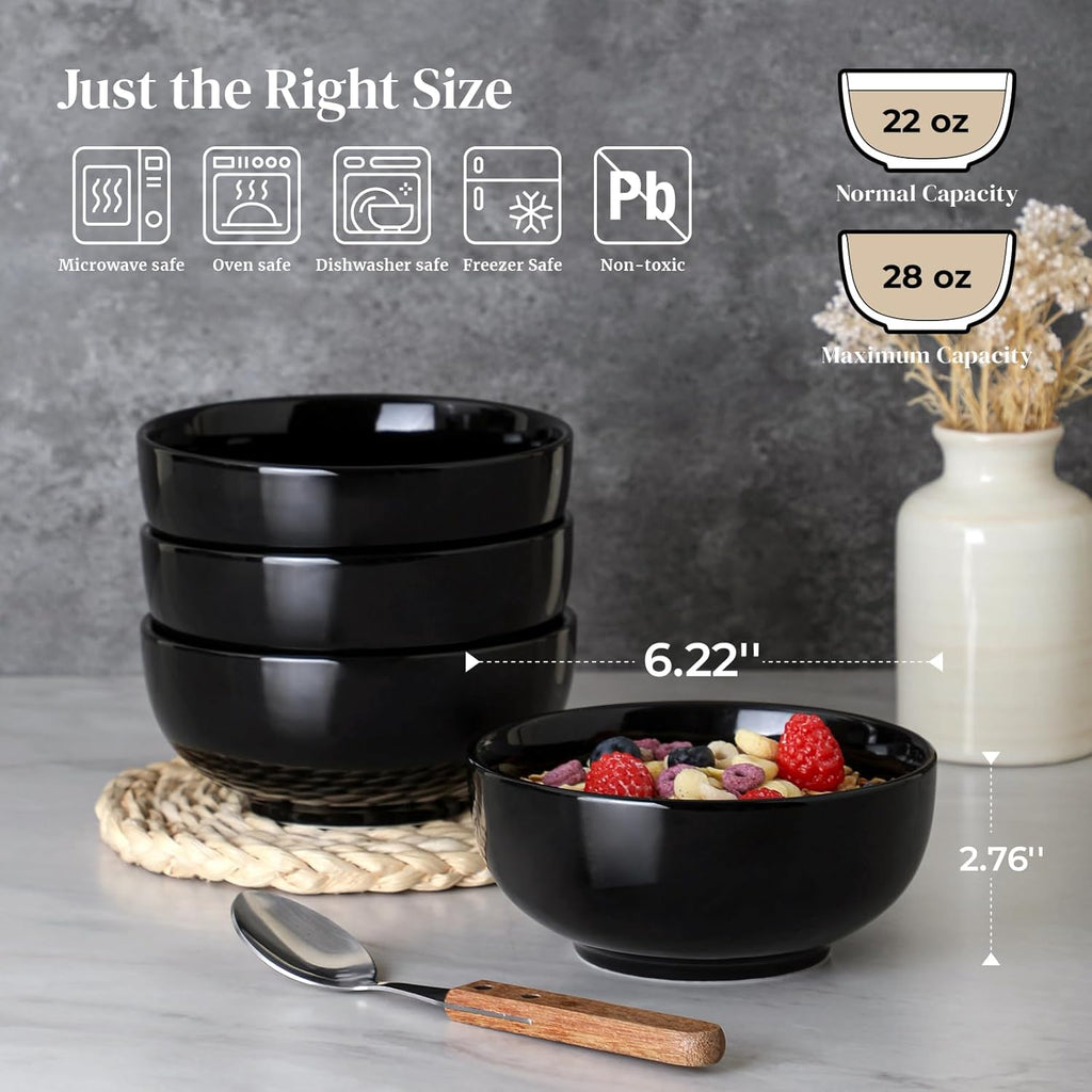 DOWAN 22 OZ Ceramic Soup Bowls & Cereal Bowls - 6" Classic Bowls Set of 4 for Soup  Cereal  Oatmeal  Fruit  Rice - Dishwasher & Microwave Safe (Black)